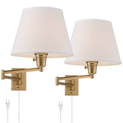 360 Lighting Modern Swing Arm Wall Lamps Set of 2 Antique Brass Plug-In Light Fixture White Linen... | Target