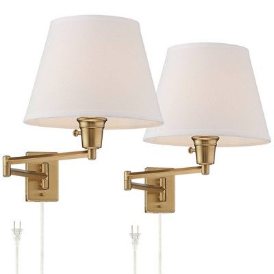 360 Lighting Modern Swing Arm Wall Lamps Set Of 2 Warm Gold Plug-in Light Fixture White Linen Shade  | Target