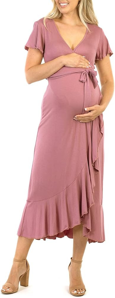 Mother Bee Maternity Butterfly Sleeve Hi-Low Ruffle Dress with Adjustable Belt | Amazon (US)