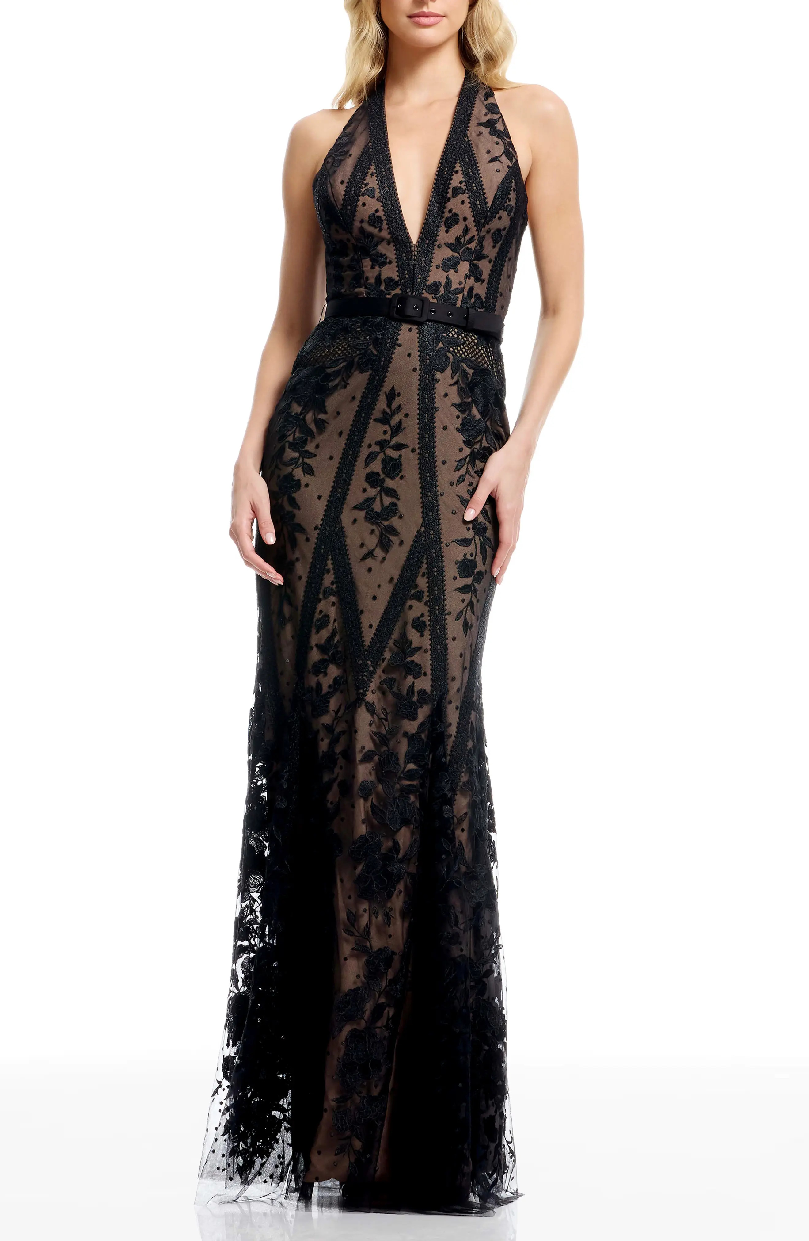 Dress the Population Devin Embroidered Lace Halter Evening Gown (Women) | Nordstrom | Nordstrom