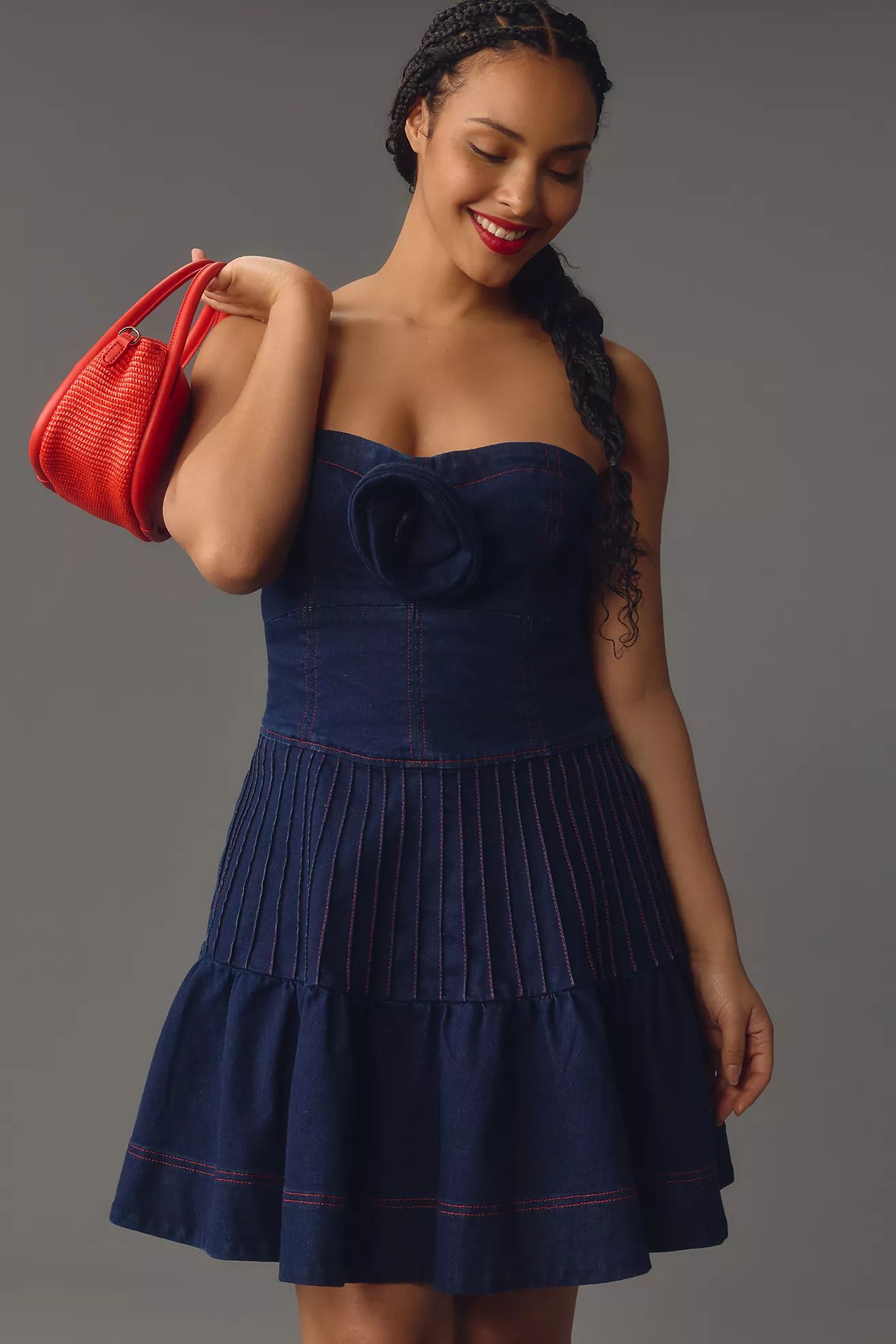 Maeve Rosette Strapless Fit & Flare Denim Mini Dress | Anthropologie (US)