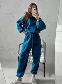 SHEIN Essnce Solid Raglan Sleeve Sweatshirt & Flap Pocket Sweatpants | SHEIN