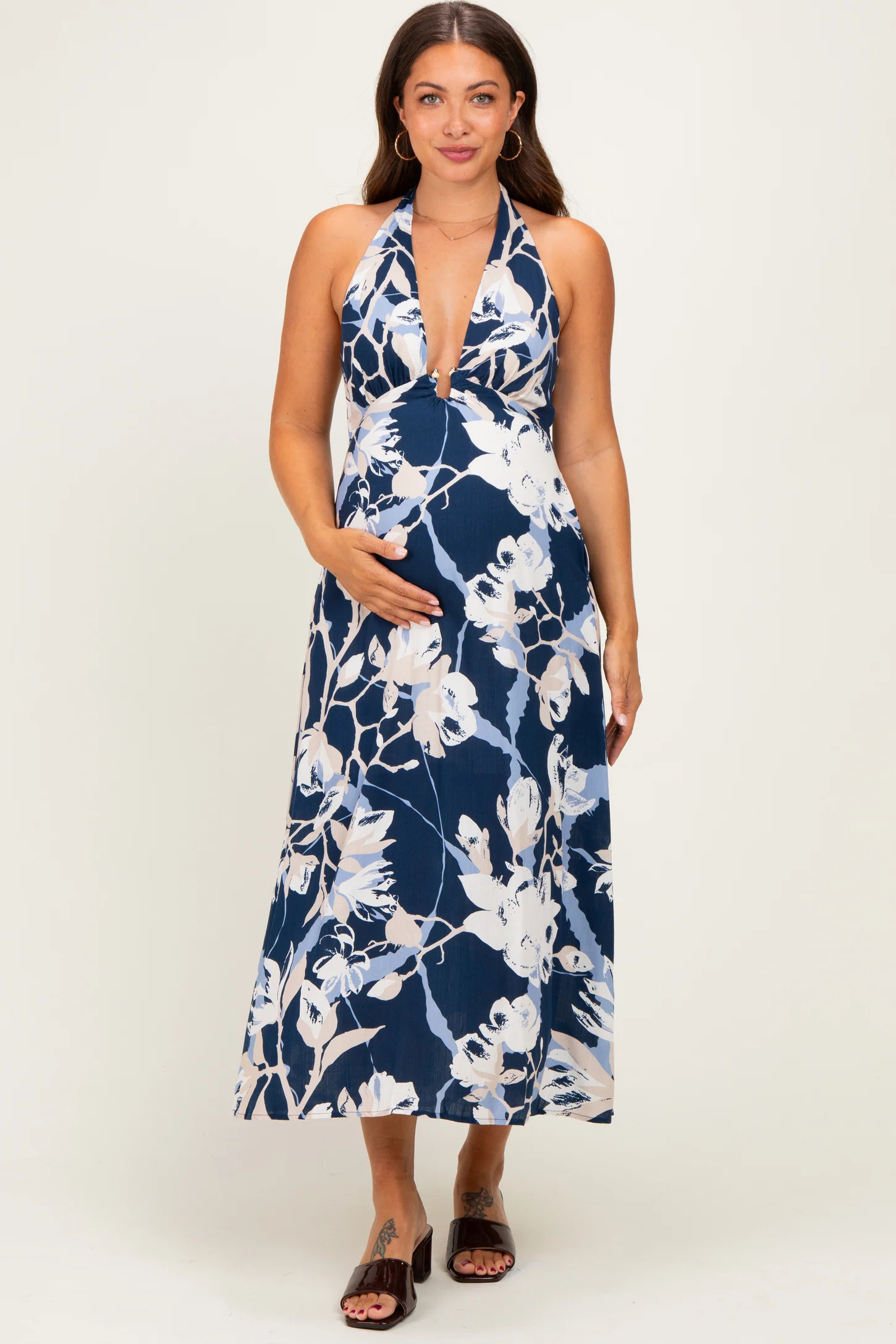 Navy Halter Neck Open Back Maternity Midi Dress | PinkBlush Maternity