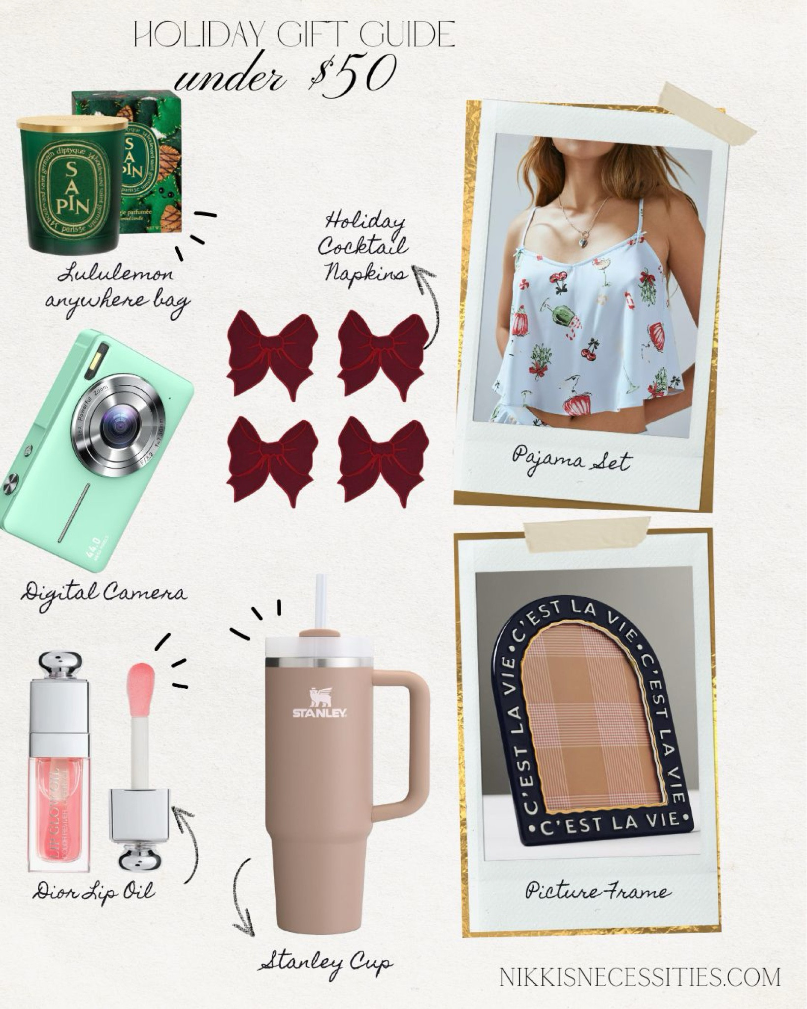 Gifts under $50 
Holiday gift guide 
Holiday gifts 
Stanley cup 
Bow coasters 
Dior lip oil 
Diptyque candles 
Pajama set 
Anthropologie 
Decorative frame 
Gifts for her 
Amazon finds 
Holiday must haves 
Presents 
Gift ideas 
Gifting 

#LTKGiftGuide #LTKFindsUnder50 #LTKHoliday