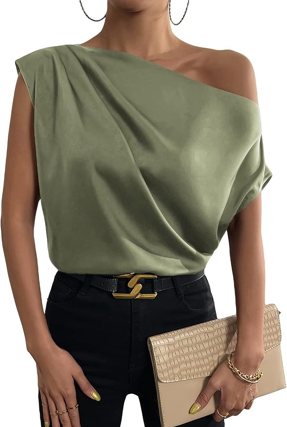 WDIRARA Women's One Shoulder Ruched Short Sleeve Satin Blouse Elegant Asymmetrical Neck Top | Amazon (US)