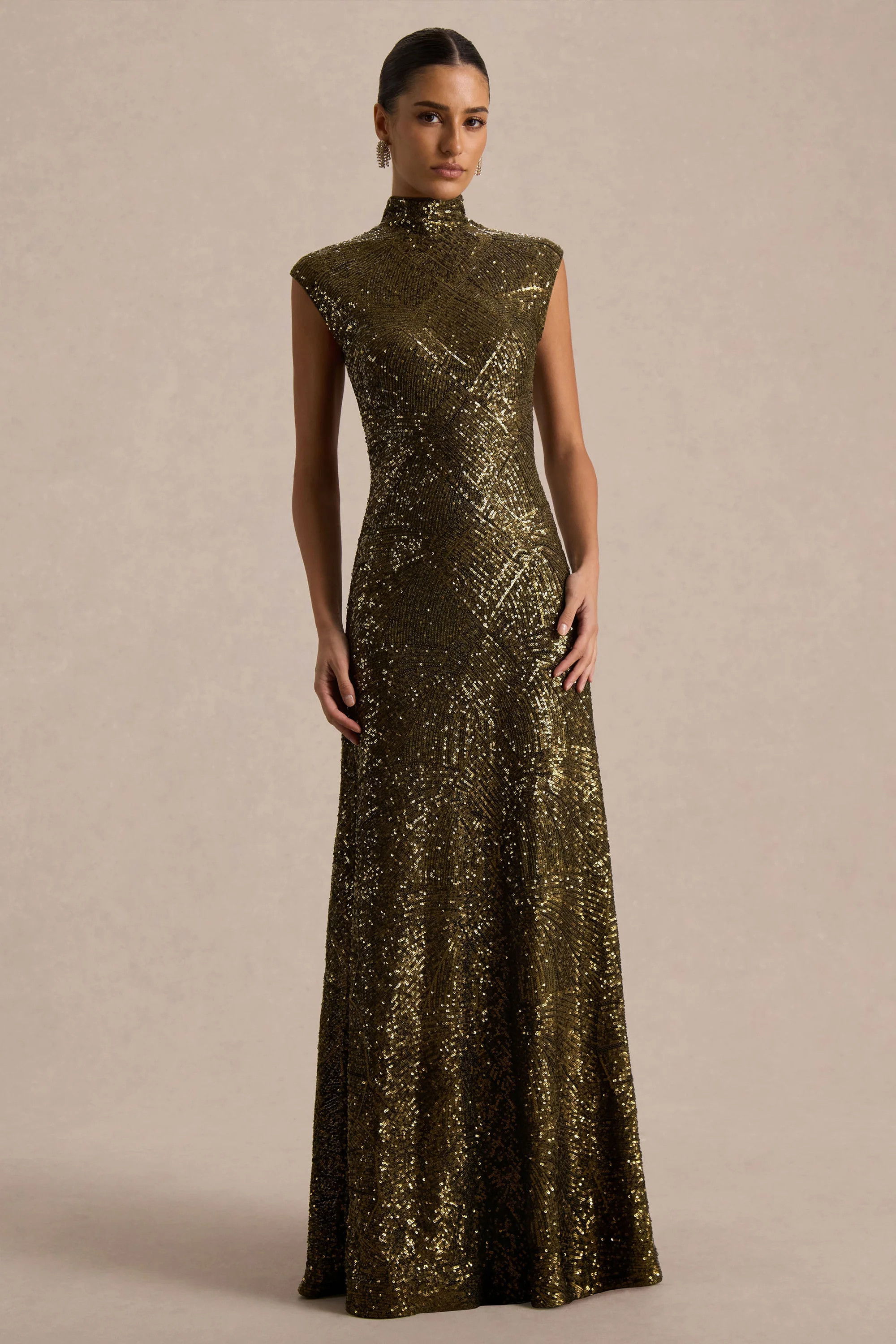 Cecy | Khaki Sequin High-Neck Maxi Dress With Cap Sleeves | Club L London