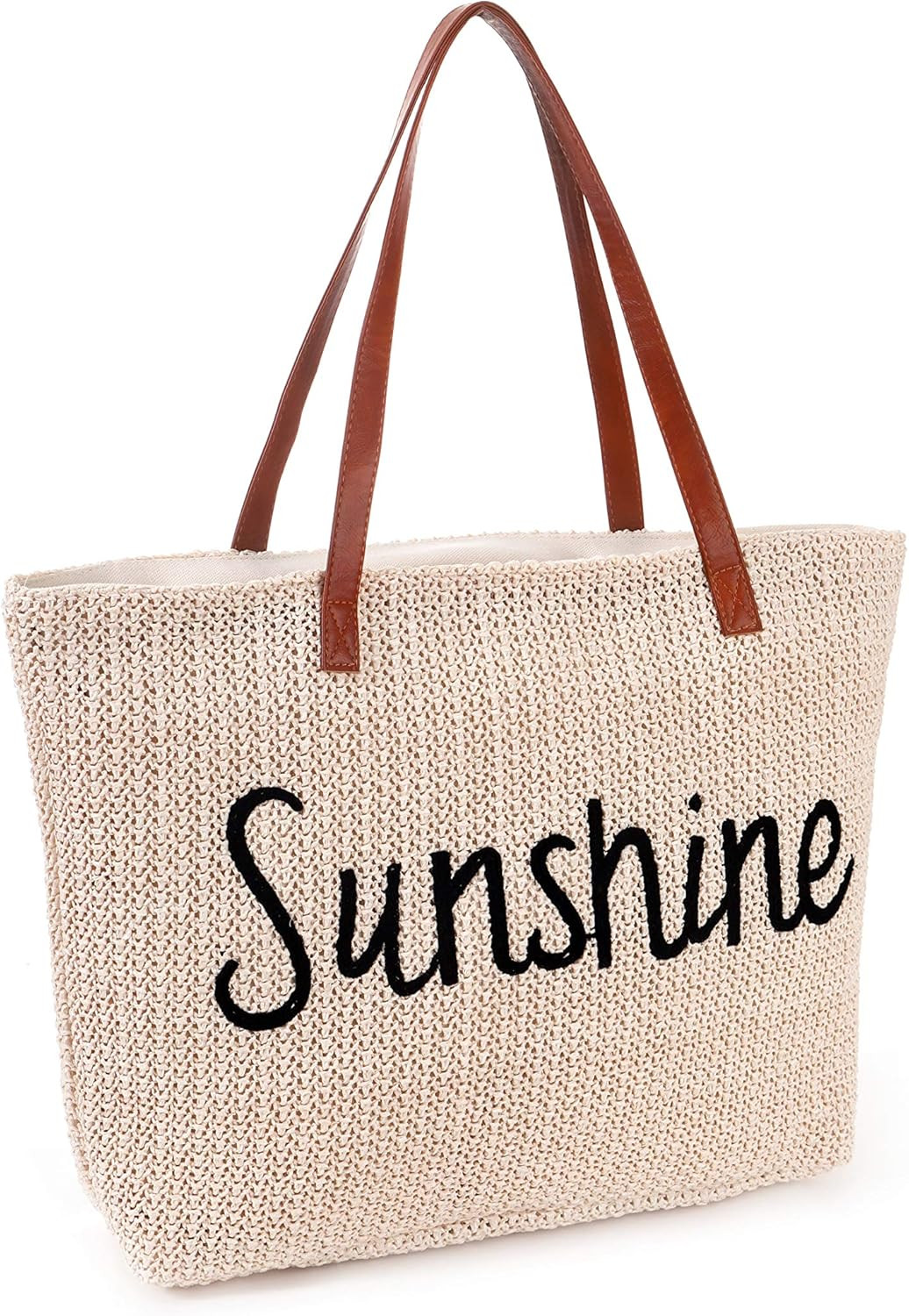 Large Straw Beach Tote Bag with Zipper | Amazon (US)