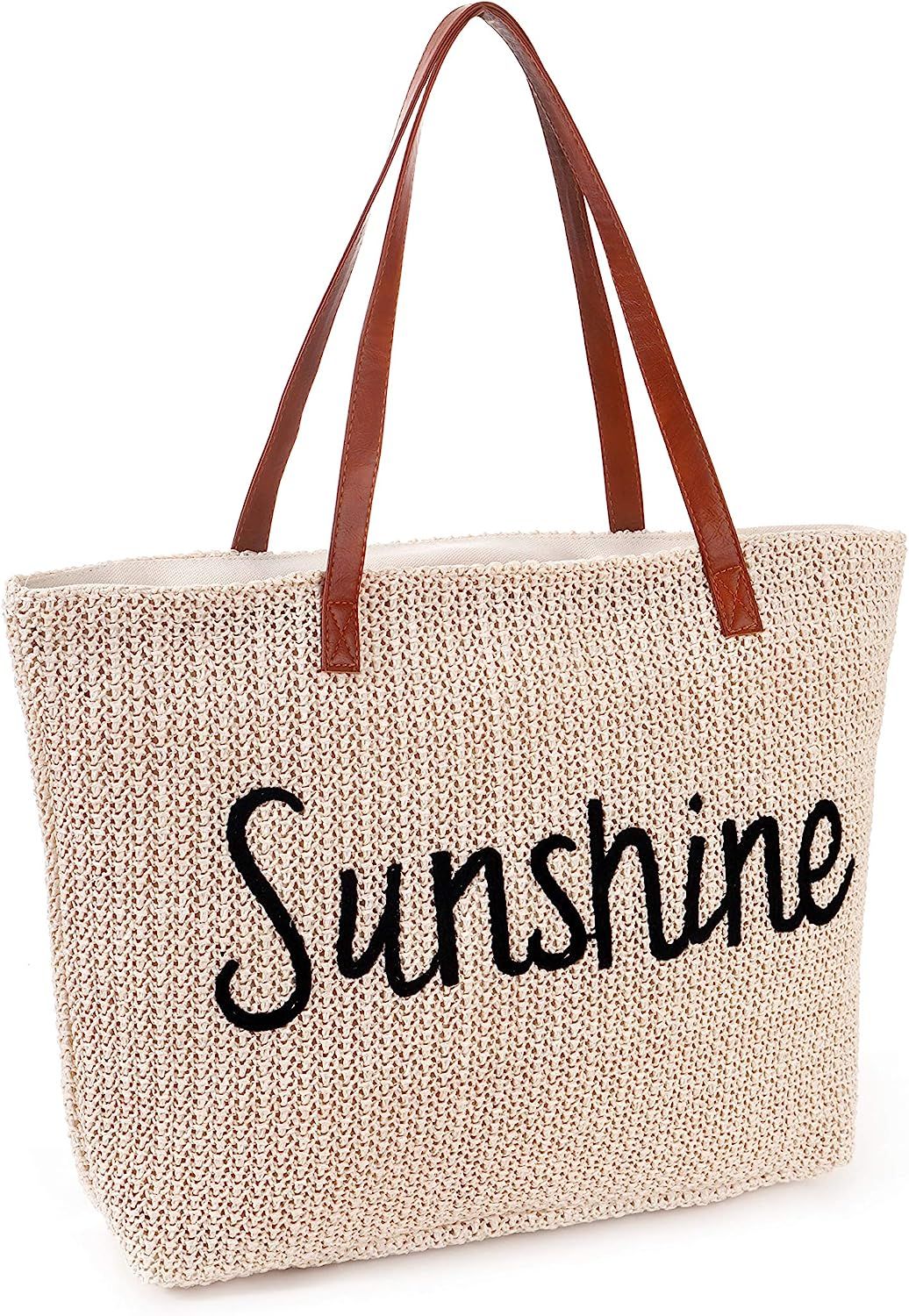 Large Straw Beach Tote Bag with Zipper | Amazon (US)