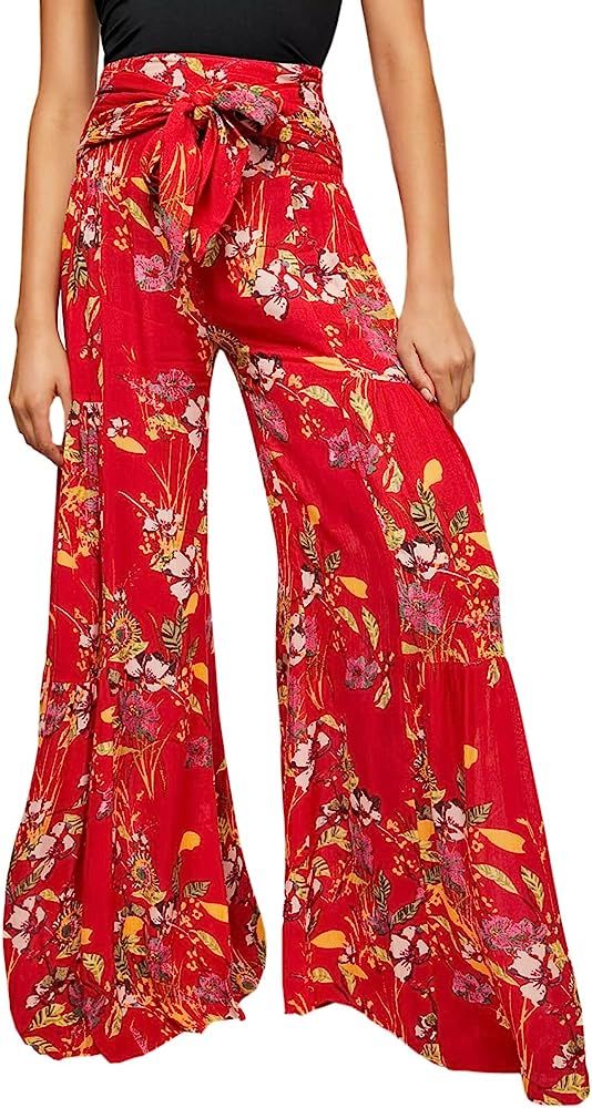 Timemory Womens Wide Leg Palazzo Pants Summer Loose Casual Beach Boho Floral Printed Bohemian Bel... | Amazon (US)