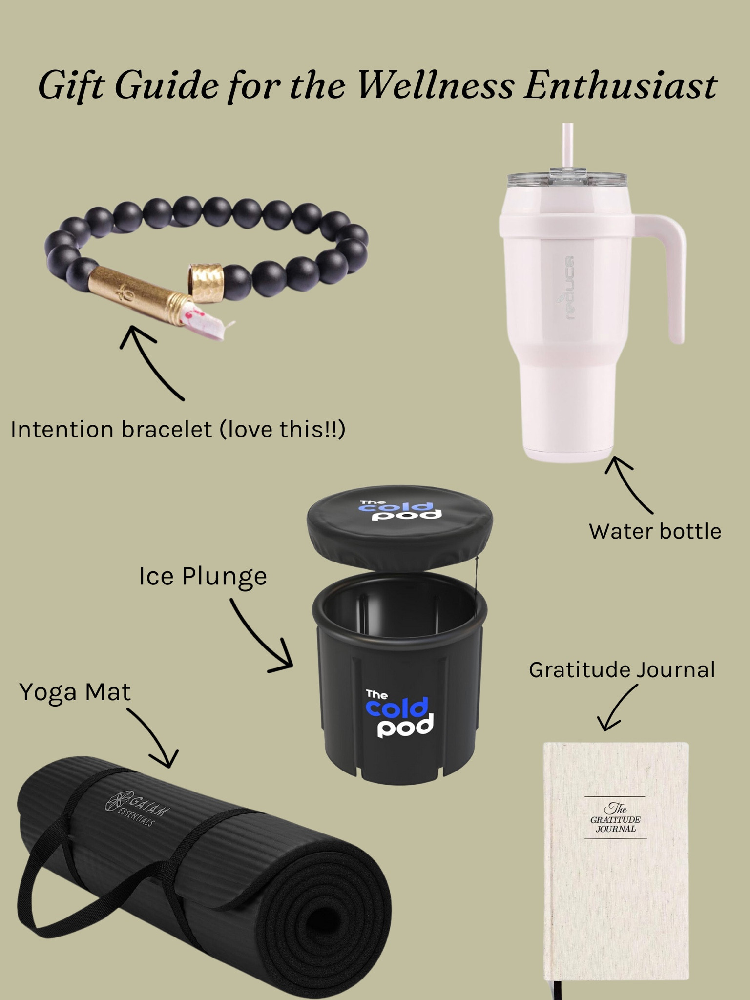 Gift guide for the wellness enthusiast! 
#intention #intentionbracelet #waterbottle #christmasgift #icebath #coldplunge #yogamat #gratitudejournal 

#LTKGiftGuide #LTKHoliday #LTKSeasonal