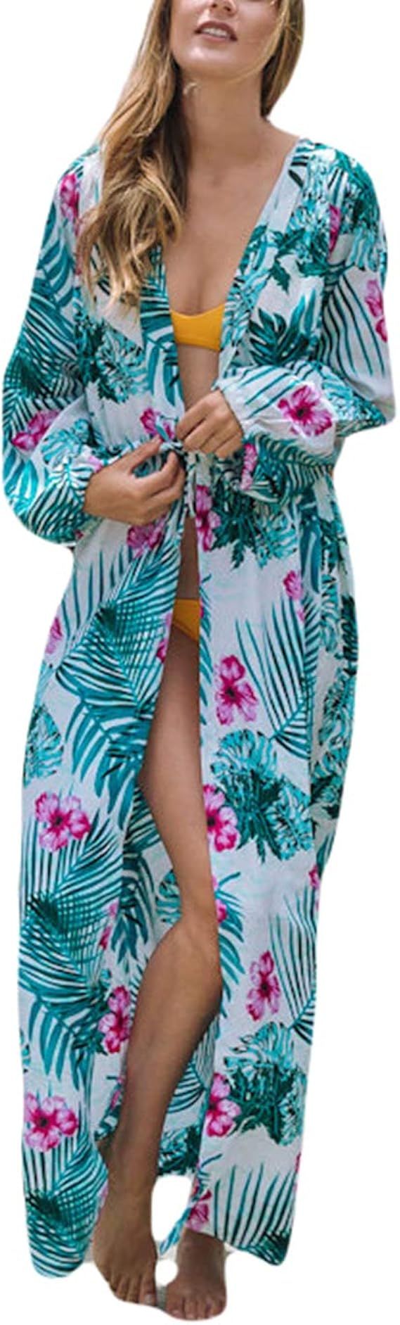 Ailunsnika Women Sexy Print Open Front Kimono Cardigan Loose Beach Cover Up Dress | Amazon (US)