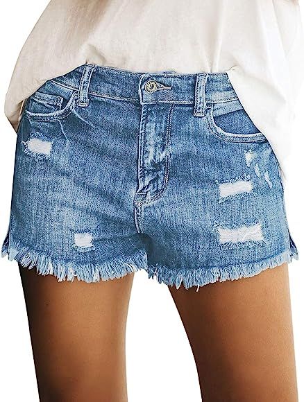 Women's Mid Rise Shorts Frayed Raw Hem Ripped Denim Jean Shorts | Amazon (US)