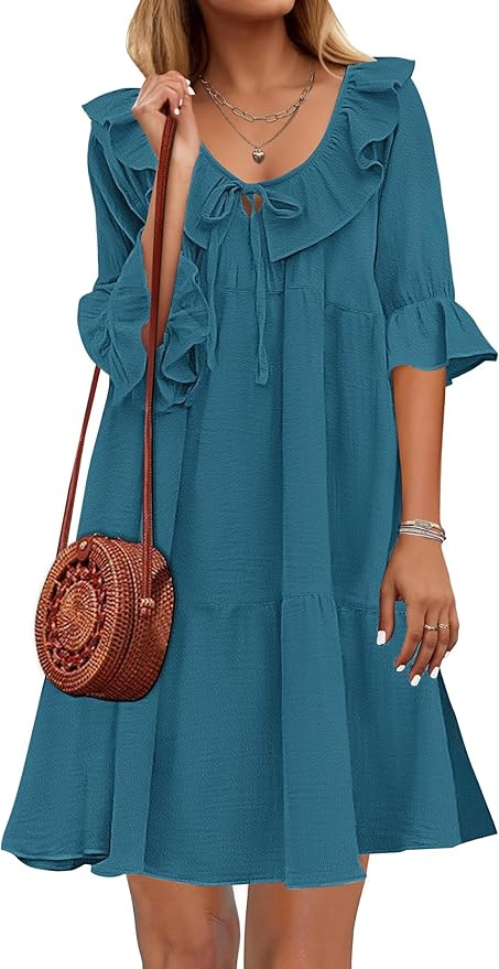 SAUKOLE Womens Summer Dress Casual Scoop Neck Half Sleeve Dress Trendy Loose Tie Front Ruffle Tie... | Amazon (US)