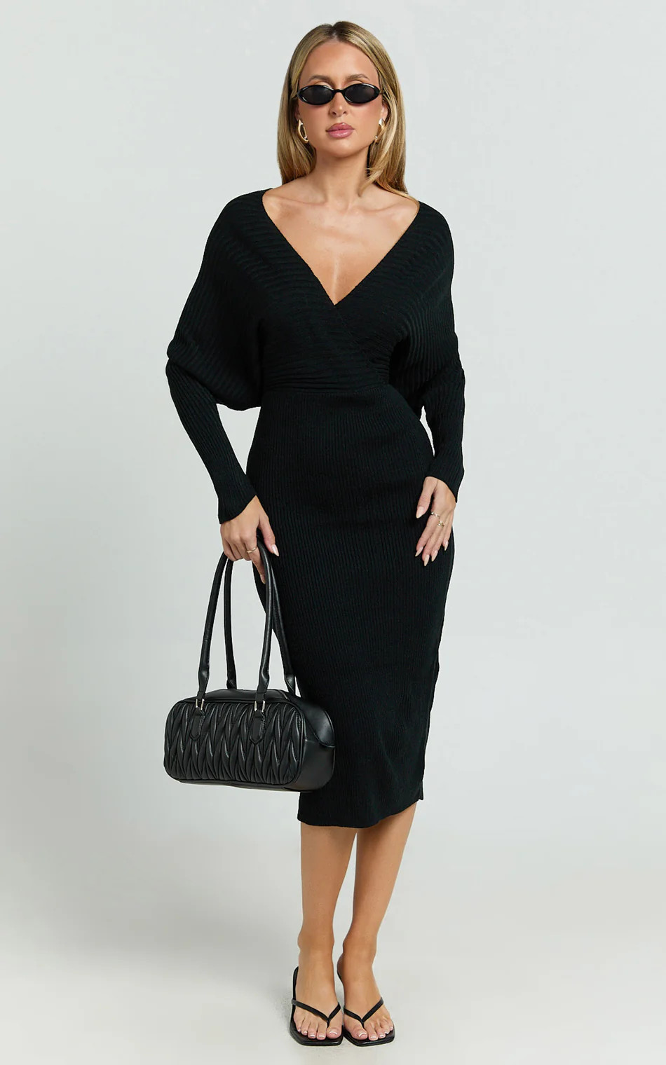Sheika Midi Dress - Long Sleeve Off Shoulder Knit Dress in Black | Showpo (US, UK & Europe)