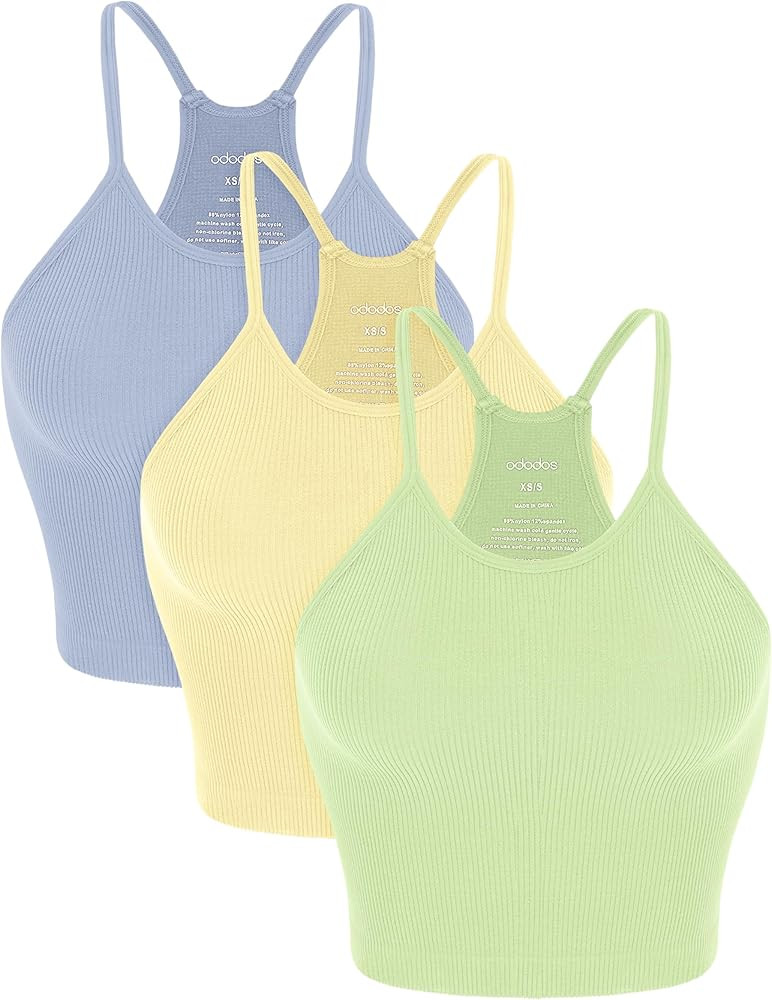 ODODOS Women's Crop 3-Pack Washed Seamless Rib-Knit Camisole Crop Tank Tops | Amazon (US)