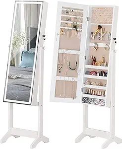 LUXFURNI LED Light Jewelry Cabinet Standing Full Screen Mirror Makeup Lockable Armoire, Large Cos... | Amazon (US)