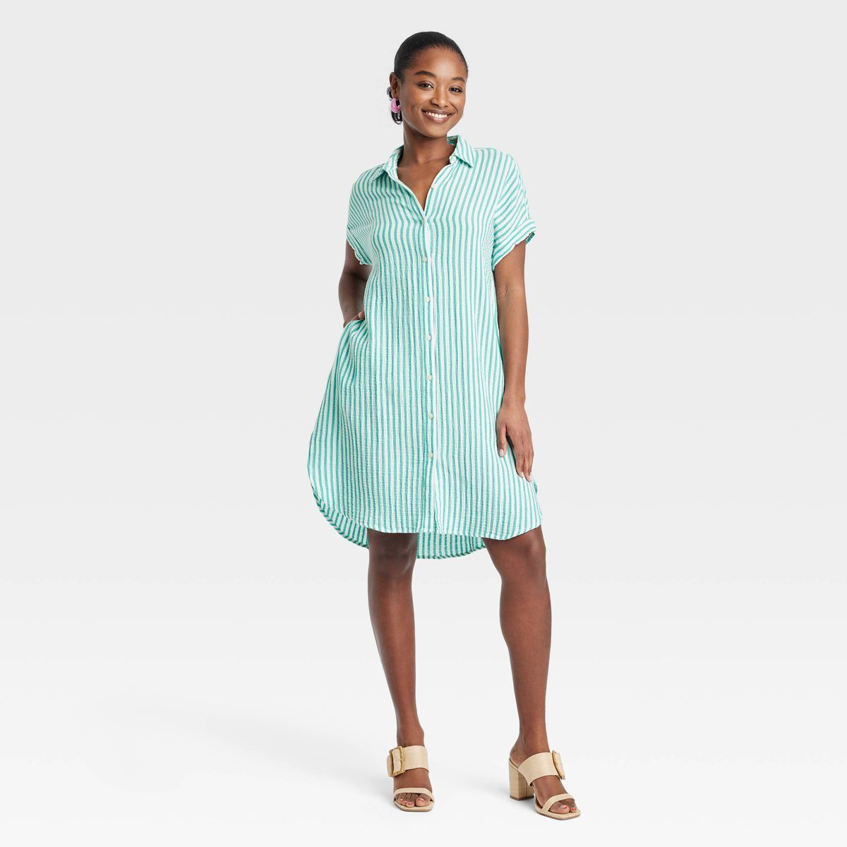 Women's Short Sleeve Mini Shirtdress - Universal Thread™ Green Striped M | Target