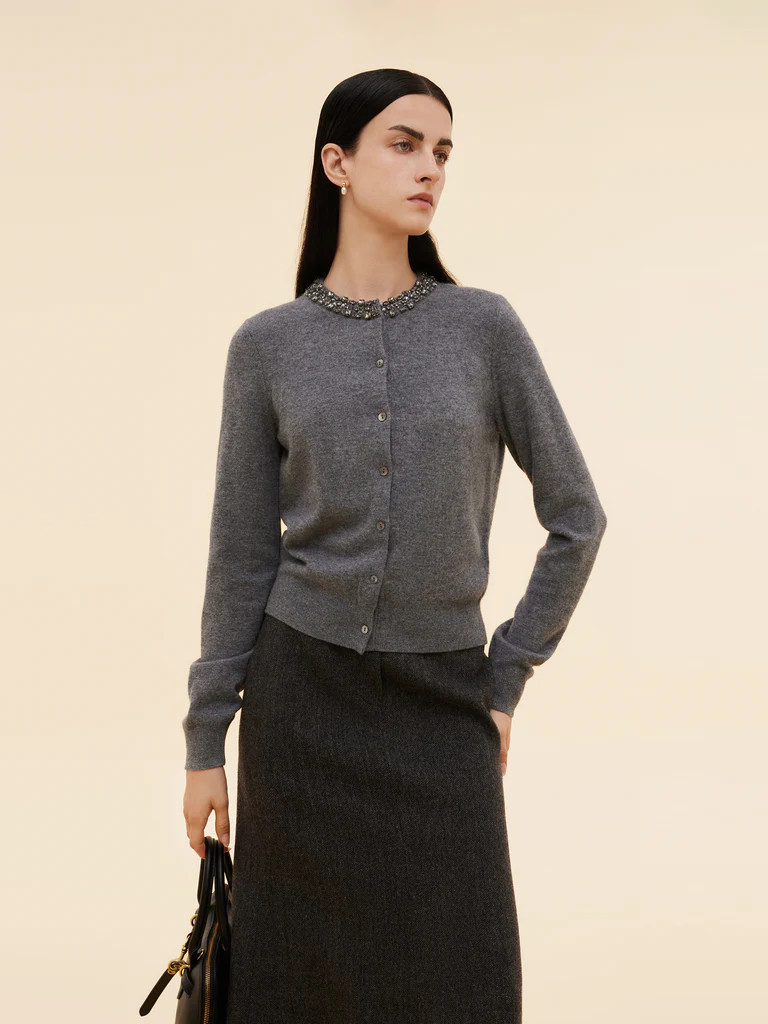 100% Wool Beaded Round Neck Women Cardigan | GOELIA