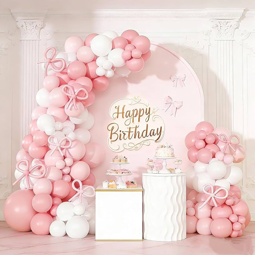 Pink Bow Balloons Garland Arch Kit,189Pcs Pink and White Balloons Arch Kit with Balloon Wrap Bows... | Amazon (US)
