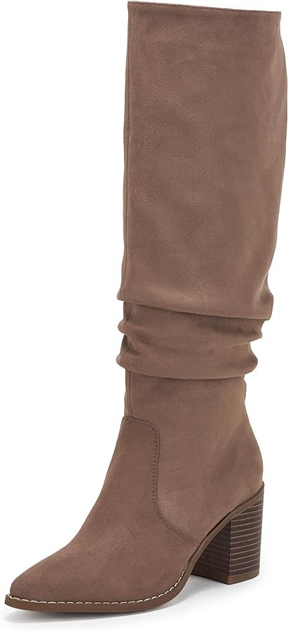 Huiyuzhi Womens Pointed Toe Mid Chunky Heel Side Zipper Knee High Boots Tall Booties | Amazon (US)