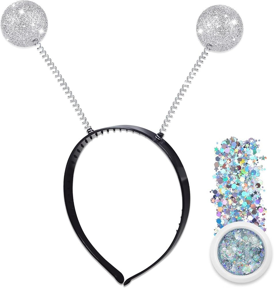 Alien Headband with Glitter, Silver Martian Alien Antenna Headband Glitter Ball Boppers & Silver ... | Amazon (US)