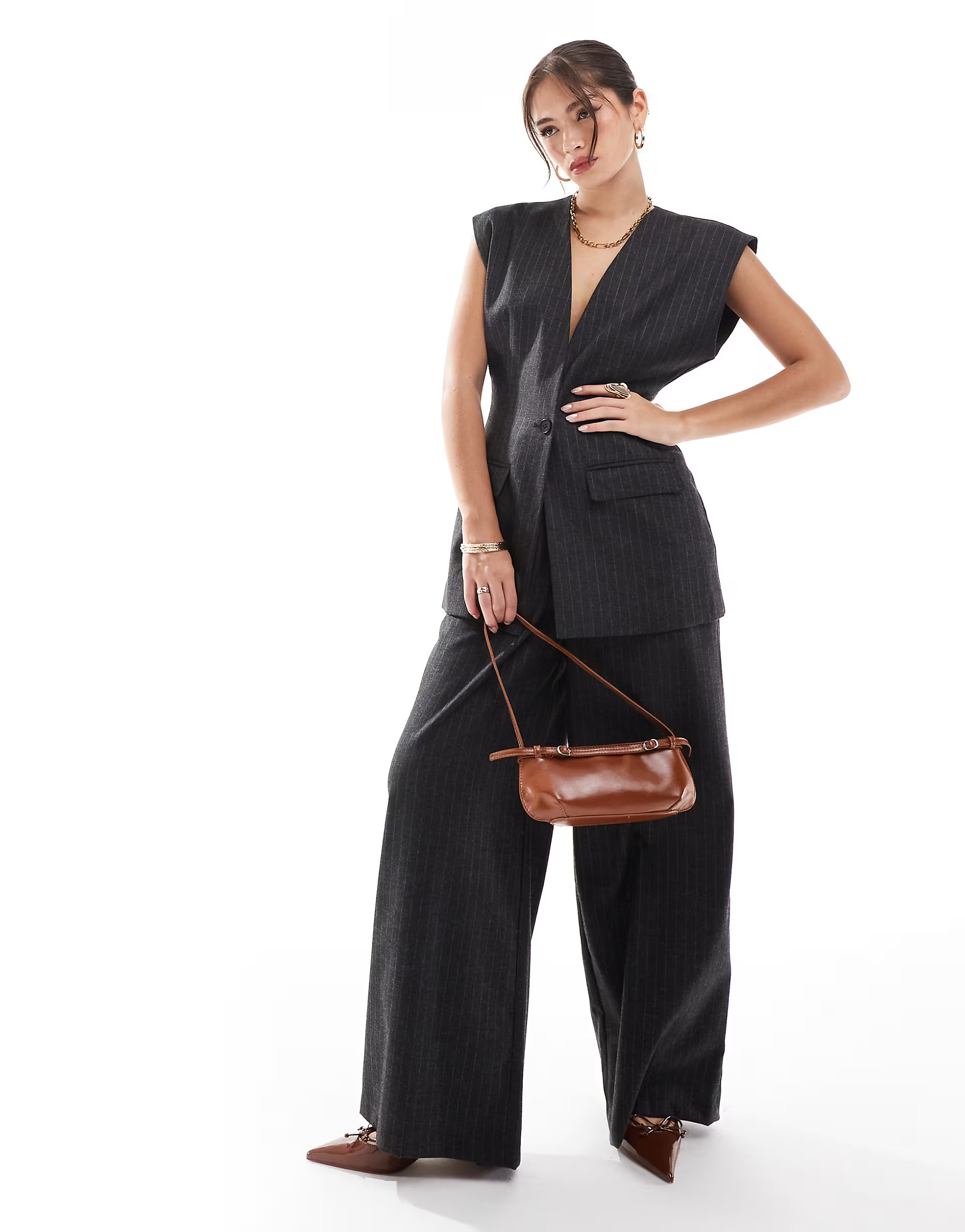 ASOS DESIGN exaggerated shoulder waistcoat in charcoal stripe | ASOS (Global)