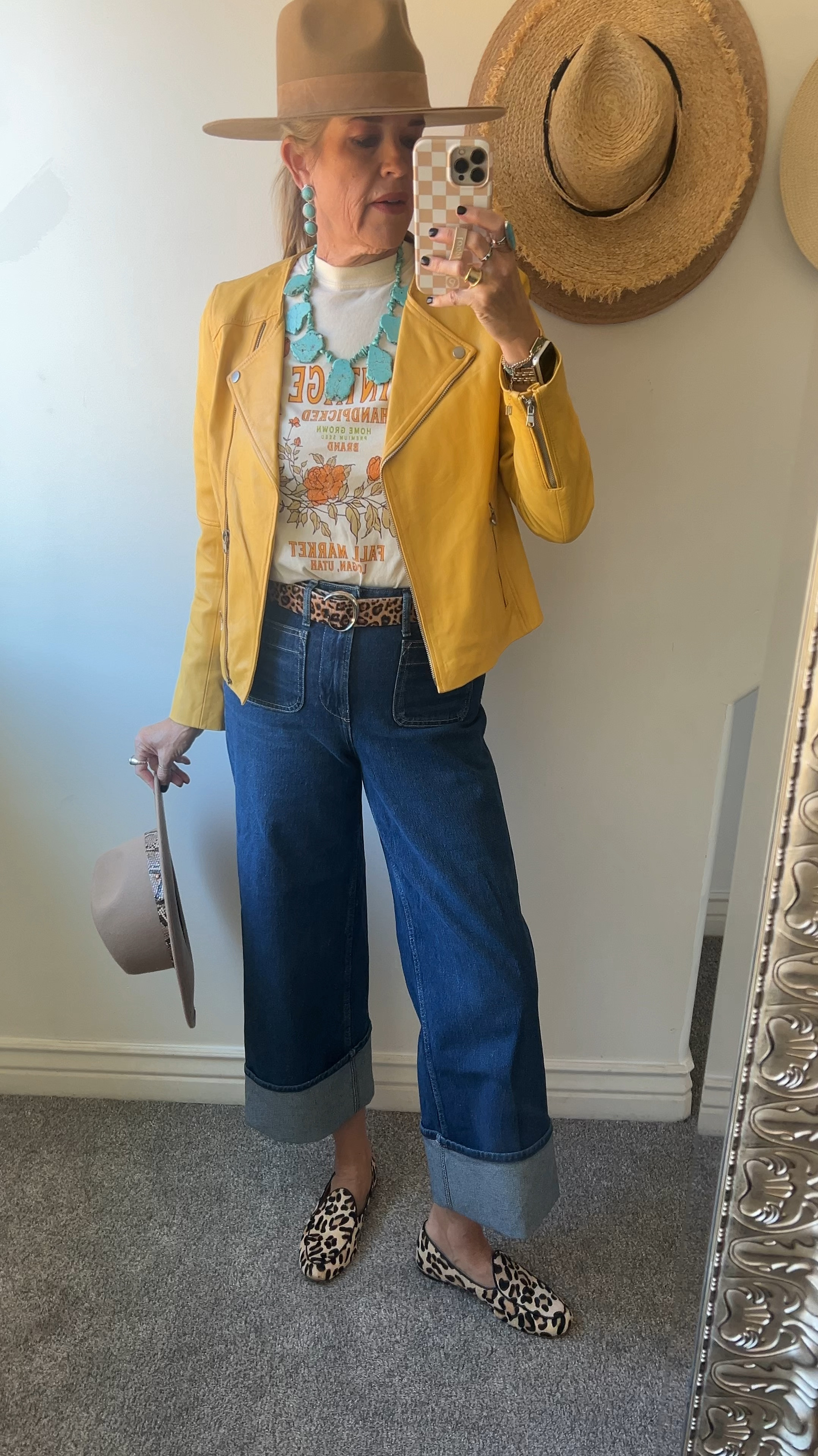 #ootd

What to wear to a fall market lunch/shopping etc

Great patch pocket wide leg jeans with large cuff… these a a Walmart did and I cuffed… affordable and sell out fast✔️
But restocked..tts

I will link the 3 pairs I own 
Walmart, wit wisdom and Spanx 

Vintage market graphic tee (not linkable) I linked similar graphic tees 

Leopard belt 

Turquoise necklace and earrings Chicos 

Hat lack of color 

Leopard flats Chicos last year (linked similar) 

Yellow faux leather jacket Boston proper (old) linked similar



#LTKStyleTip