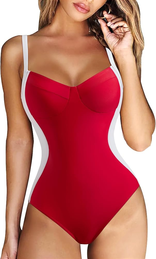 RXRXCOCO Women Slimming Tummy Control One Piece Swimsuits V Neck Crisscross Back Bathing Suit | Amazon (US)