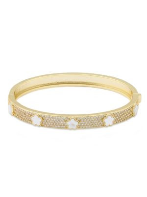 JanKuo Flower 14K Goldplated, Mother Of Pearl &amp; Cubic Zirconia Bangle Bracelet on SALE | Saks... | Saks Fifth Avenue OFF 5TH