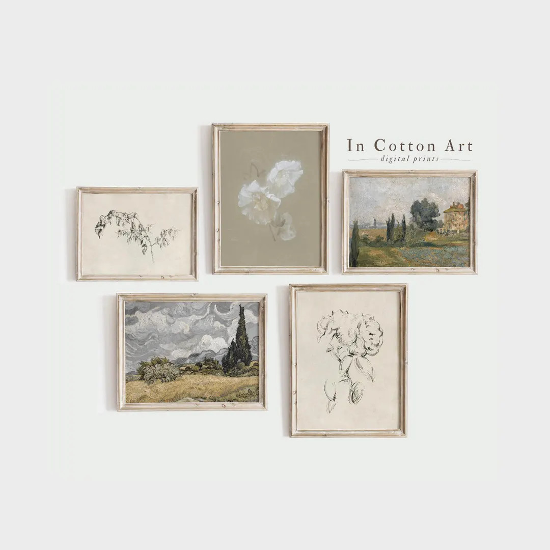 Spring Neutral Gallery Wall SET / Vintage Green Tone Art PRINTABLE / Nature Prints SET of 5 | S6 ... | Etsy (US)