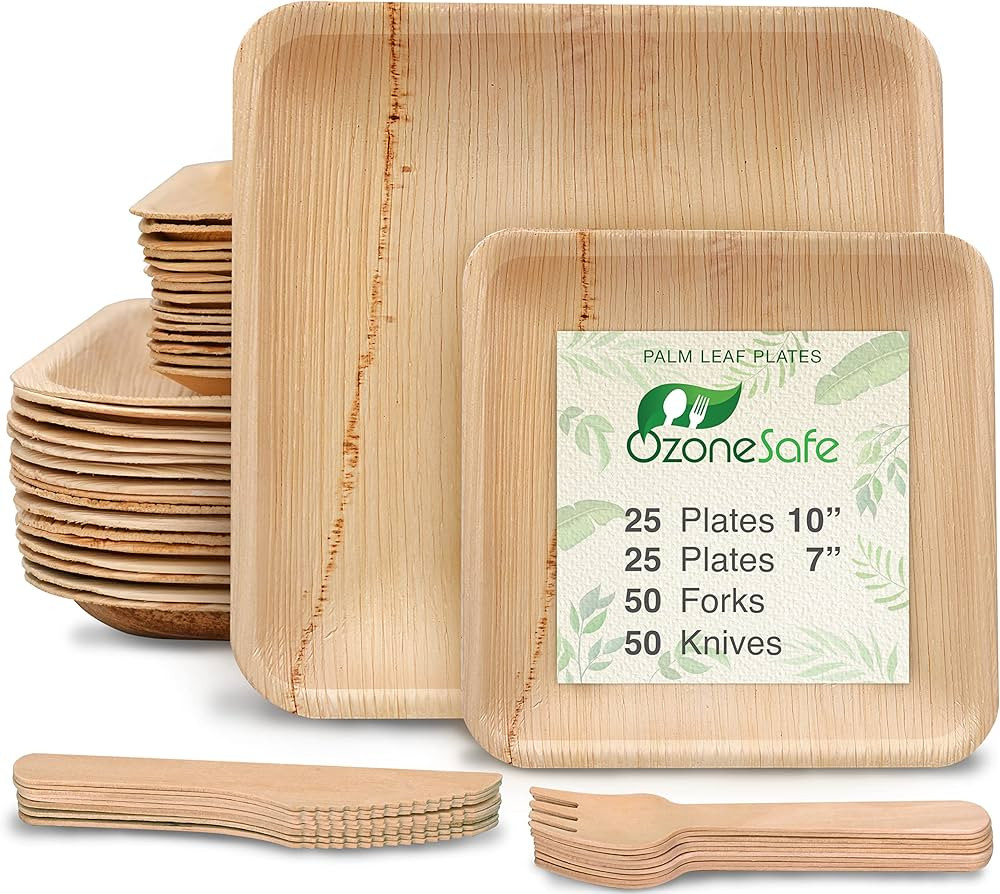 OzoneSafe (150 pcs) Palm Leaf Plate Set – 25 each of 10 and 7-inch square plates, with 50 forks... | Amazon (US)