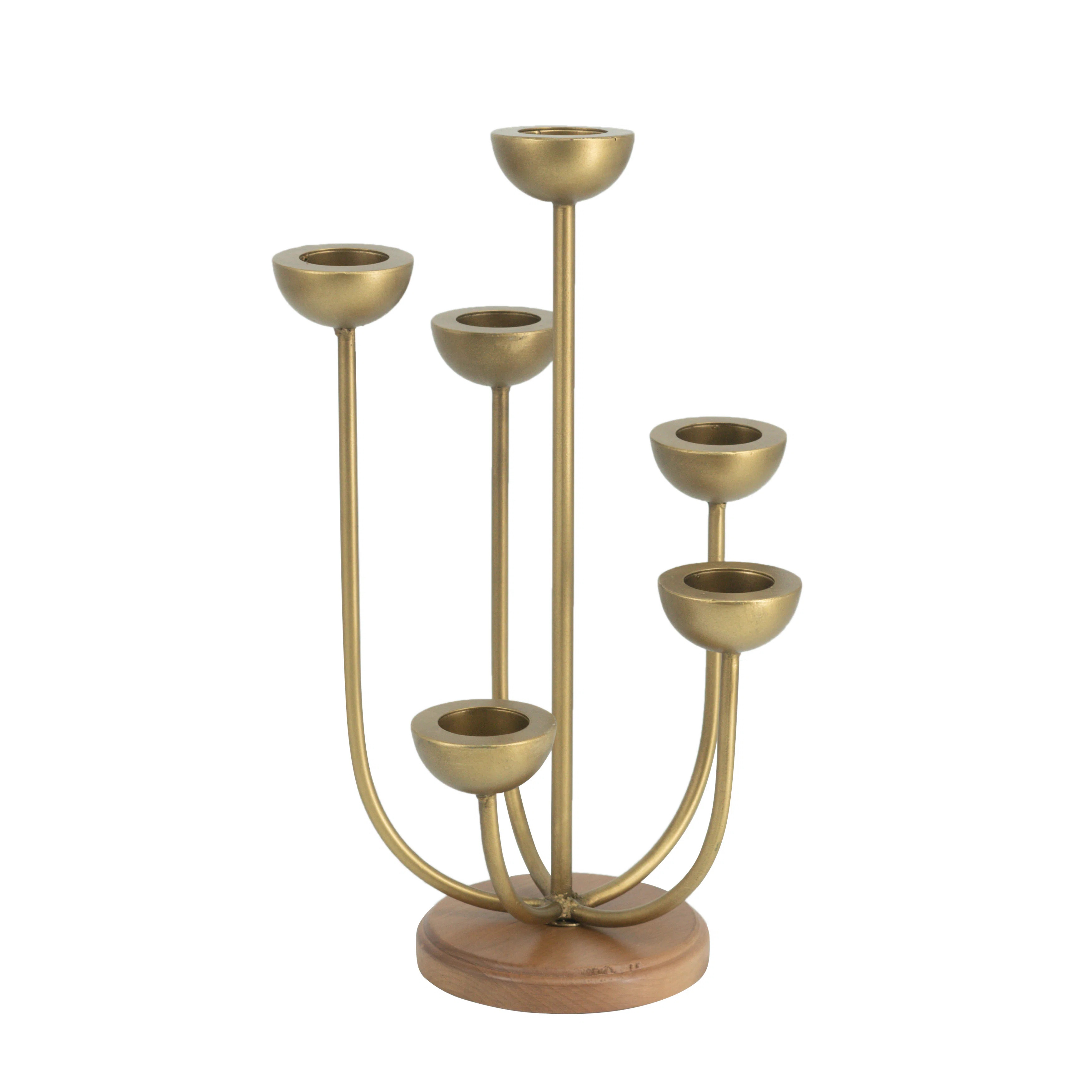 Mercer41 6-Arm Decorative Candelabra with Wooden Base - 8" x 5.5" x 15.5" - Brown, Gold | Wayfair | Wayfair North America