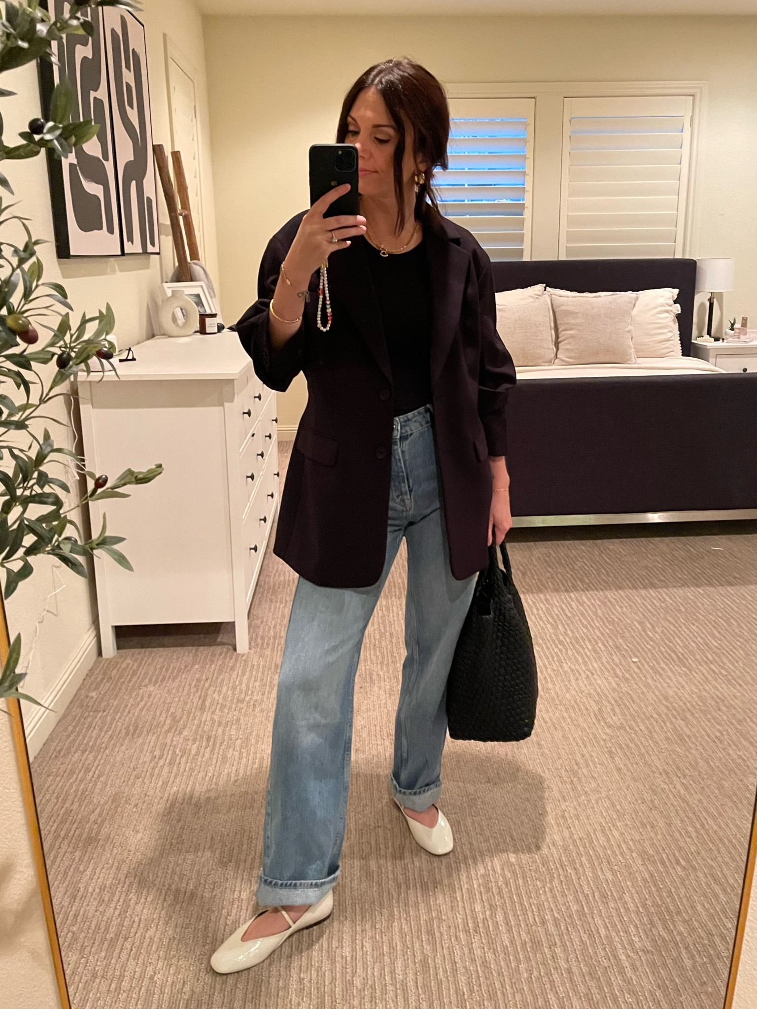 Sunday vibes 
The outfit to wear when you don’t know what to wear and always feel put together 
Oversized blazer , high waist straight leg jeans , tank top , on trend white #maryjane #balletflats and black woven tote bag topped with Amazon accessories 🫶🏼

#LTKitbag #LTKstyletip #LTKSeasonal