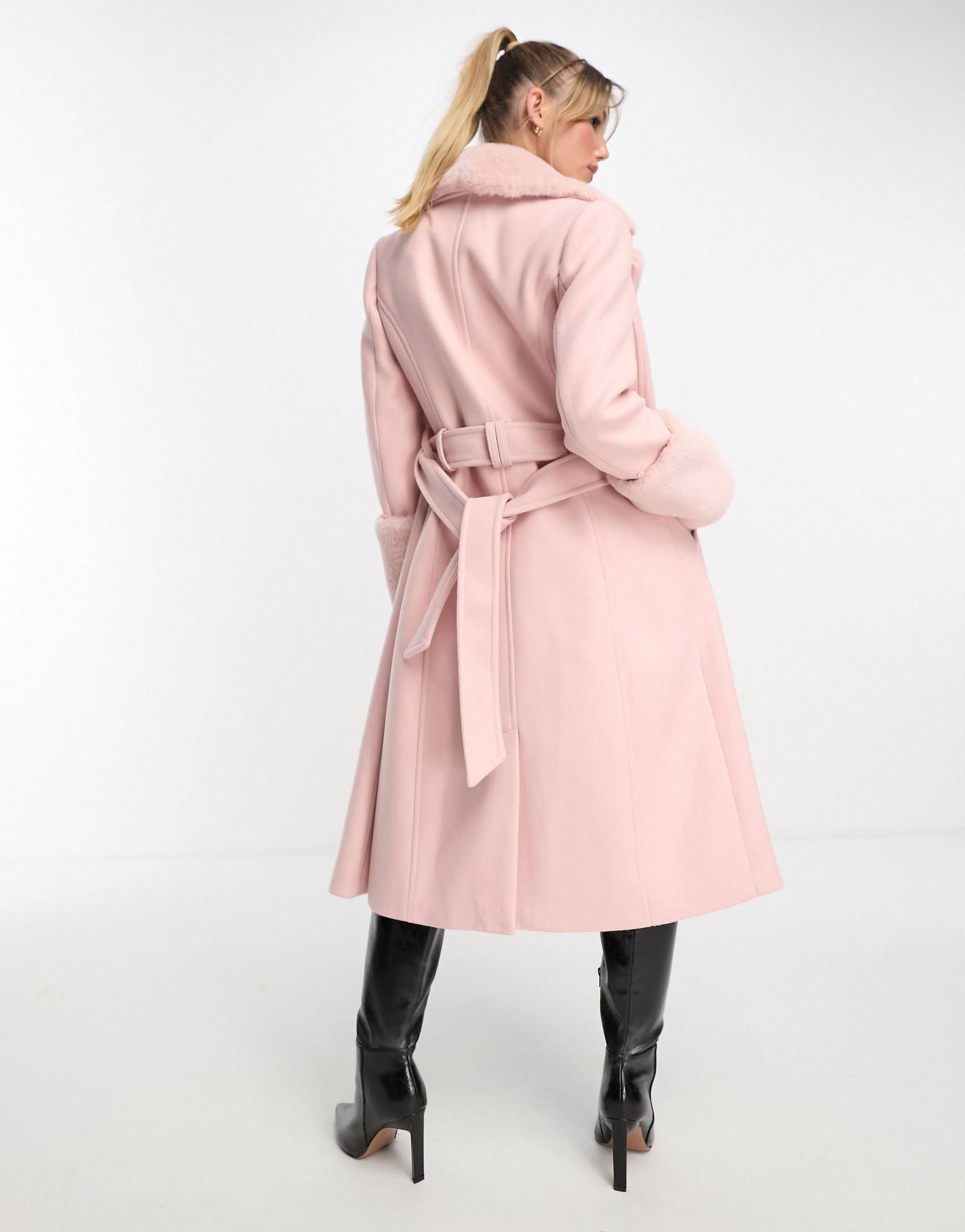 Forever New faux fur midi coat in powder pink | ASOS (Global)