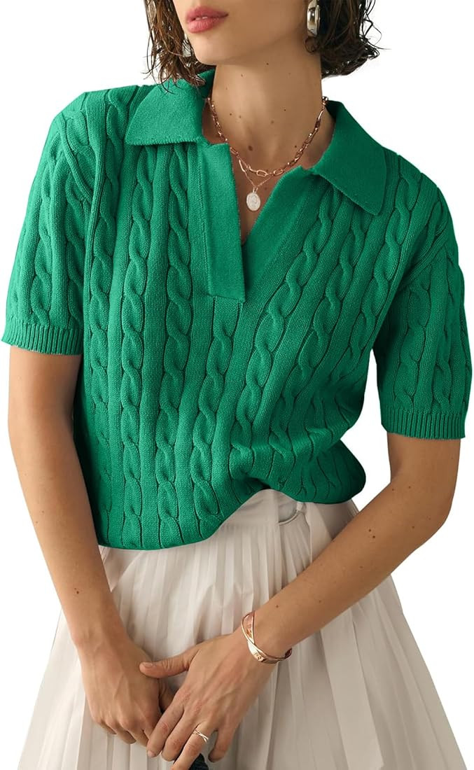 Short Sleeve Tops for Women 2025 Cable Knit Sweater Vest Summer V Neck Spring Fall Lapel Polo Wom... | Amazon (US)