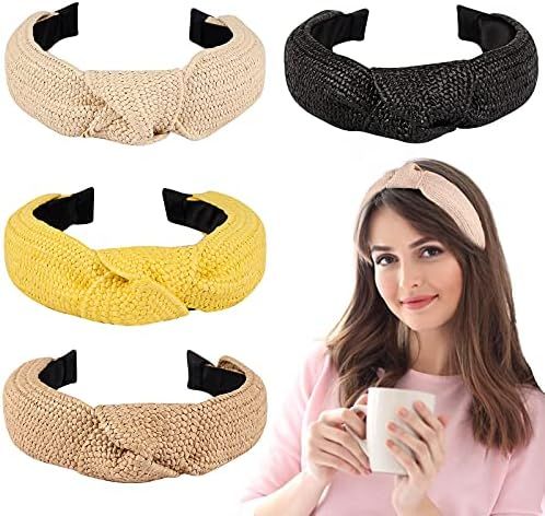 Ondder Straw Headbands for Women 4 Pack Knotted Headbands Fashion Top Knot Headband Cute Headbands T | Amazon (US)