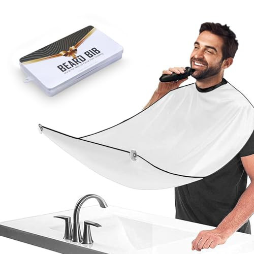 Beard Bib Apron for Men, Christmas Day Gift Beard Trimming Catcher Bib for Shaving & Hair Clippings, Waterproof Non-Stick Hair Catcher Grooming Cloth with 2 Suction Cups(White) | Amazon (US)