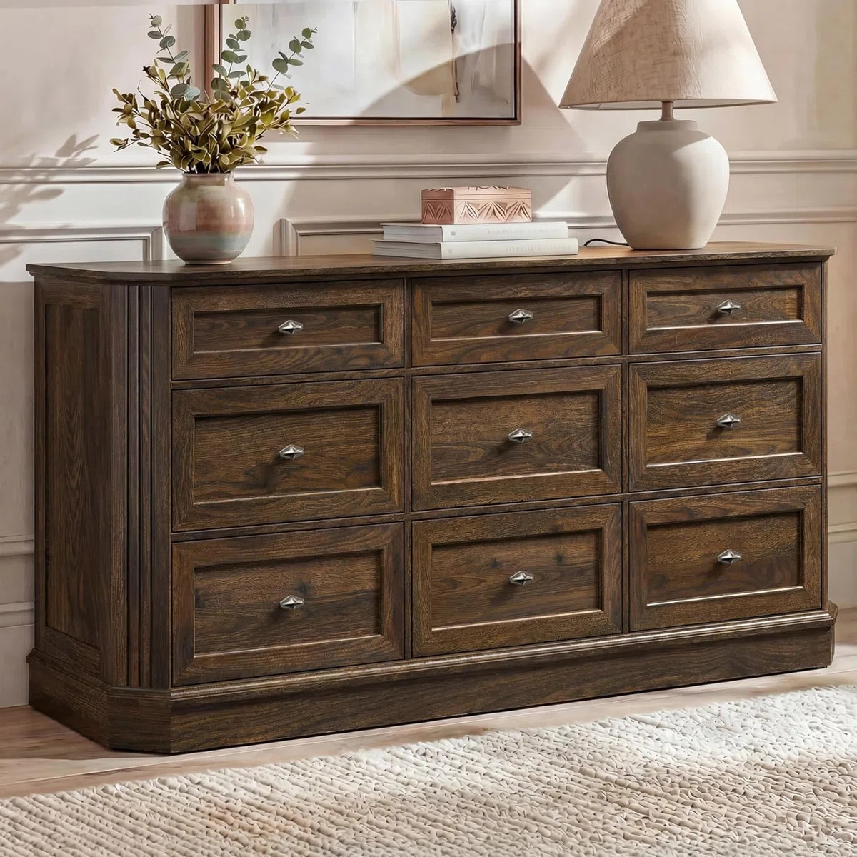 Farmhouse 9 Drawers Walnut Dresser for Bedroom, 63" Wide Chest of Drawers w/Charging Station & Vi... | Wayfair North America