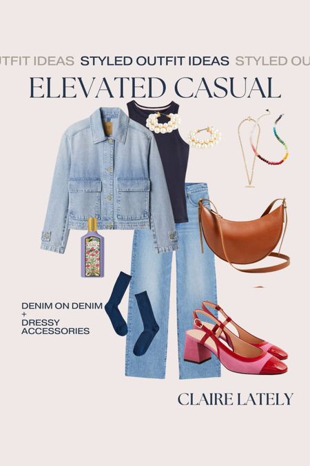 Styled outfit idea: elevated casual for work or weekend.
Denim jacket, layering racerback tank, pearl earrings, gold and beaded necklaces, cross body bag, perfume, trouser sock, red and pink statement block slingback heels
❤️ Claire Lately 

#LTKitbag #LTKshoecrush #LTKstyletip