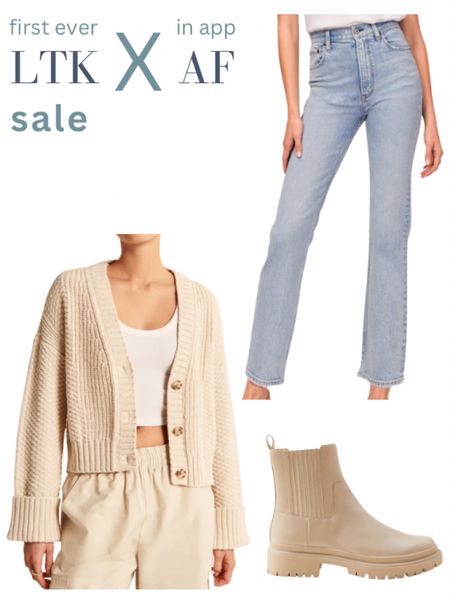 LTKxAF sale!! Trendy Abercrombie cream cardigan, cream Chelsea boots, and amazing quality jeans!

#LTKSeasonal #LTKxAF #LTKsalealert