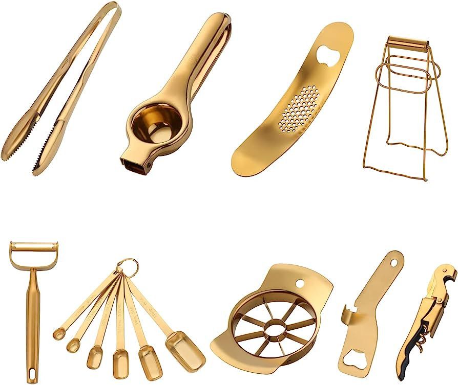 Gold Kitchen Accessories Set Tools Garlic Press Bottler Wine Opener Measuring Spoons Lemon Squeez... | Amazon (US)