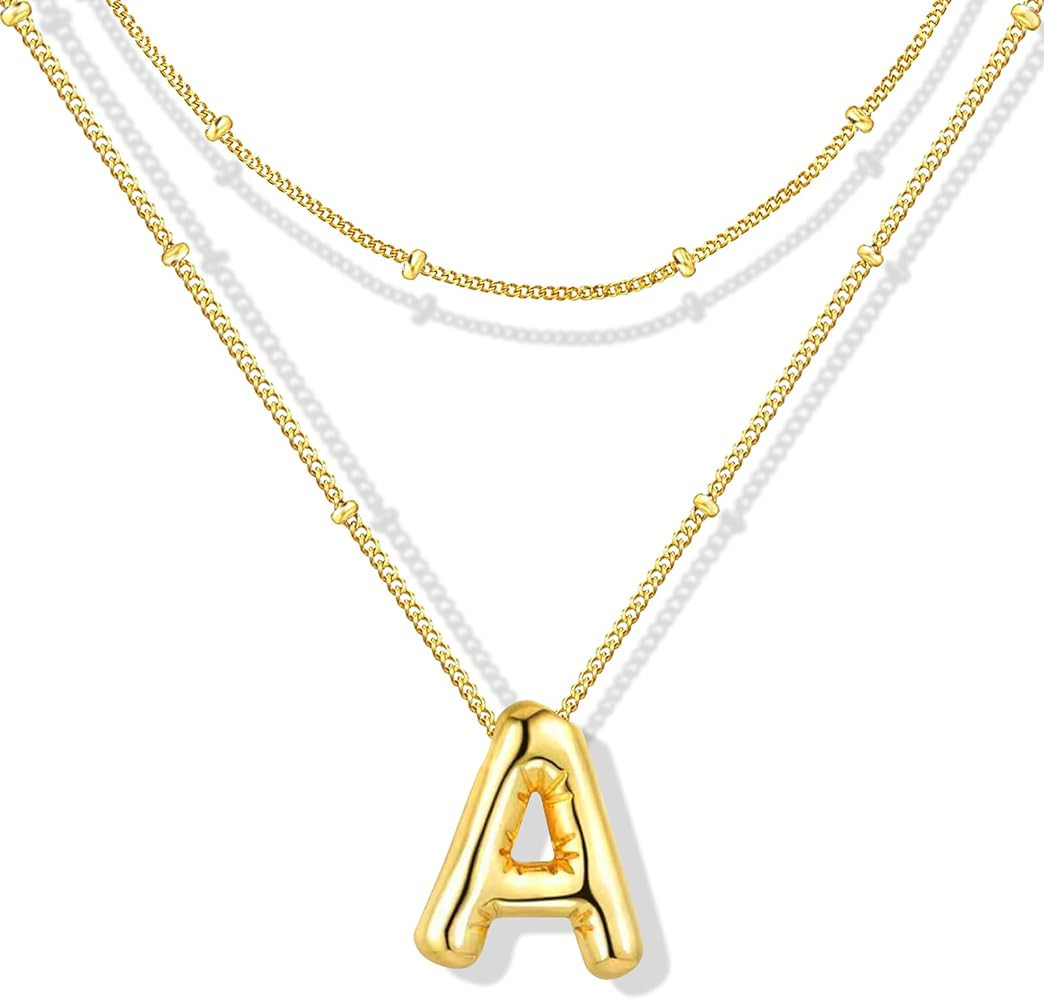 Initial Necklaces for Women, 14K Personalized Bubble Letter Necklace Gold A-Z Initial Pendant | Amazon (US)