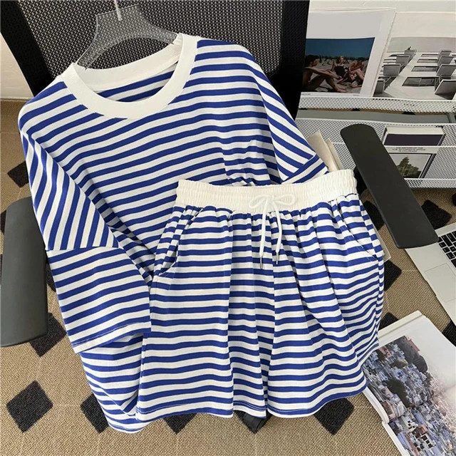 Camiseta y pantalones cortos para mujer, traje de manga corta a rayas, cuello redondo, cintura el... | AliExpress (US)