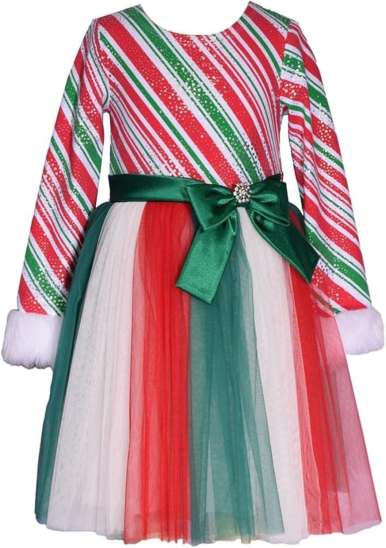Bonnie Jean Girls 3M-16 Red Green Candy Cane Stripe Santa Christmas Dress | Amazon (US)
