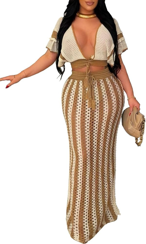 KANSOON Crochet Skirt Sets Women 2 Piece Outfits Knit Striped Hollow Out Short Sleeve V Neck Draw... | Amazon (US)