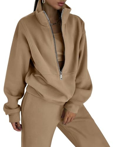 COZYPOIN Women's Sweatsuit Sets 2 Piece Fleece Outfit Half Zip Sweatshirt and Joggers Pants Tracksuit Khaki | Amazon (US)