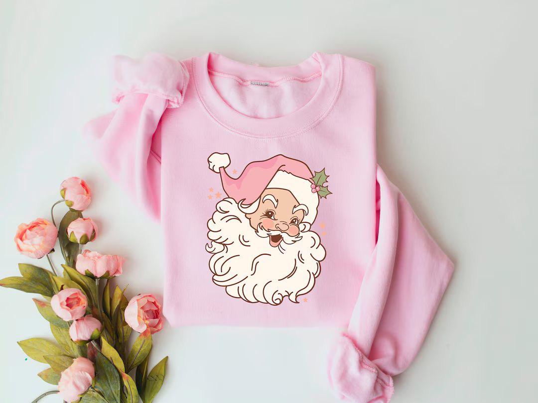 Pink Retro Santa Shirt, Christmas Sweatshirt, Women Christmas Santa Shirts, Cute Vintage Santa Sh... | Etsy (US)