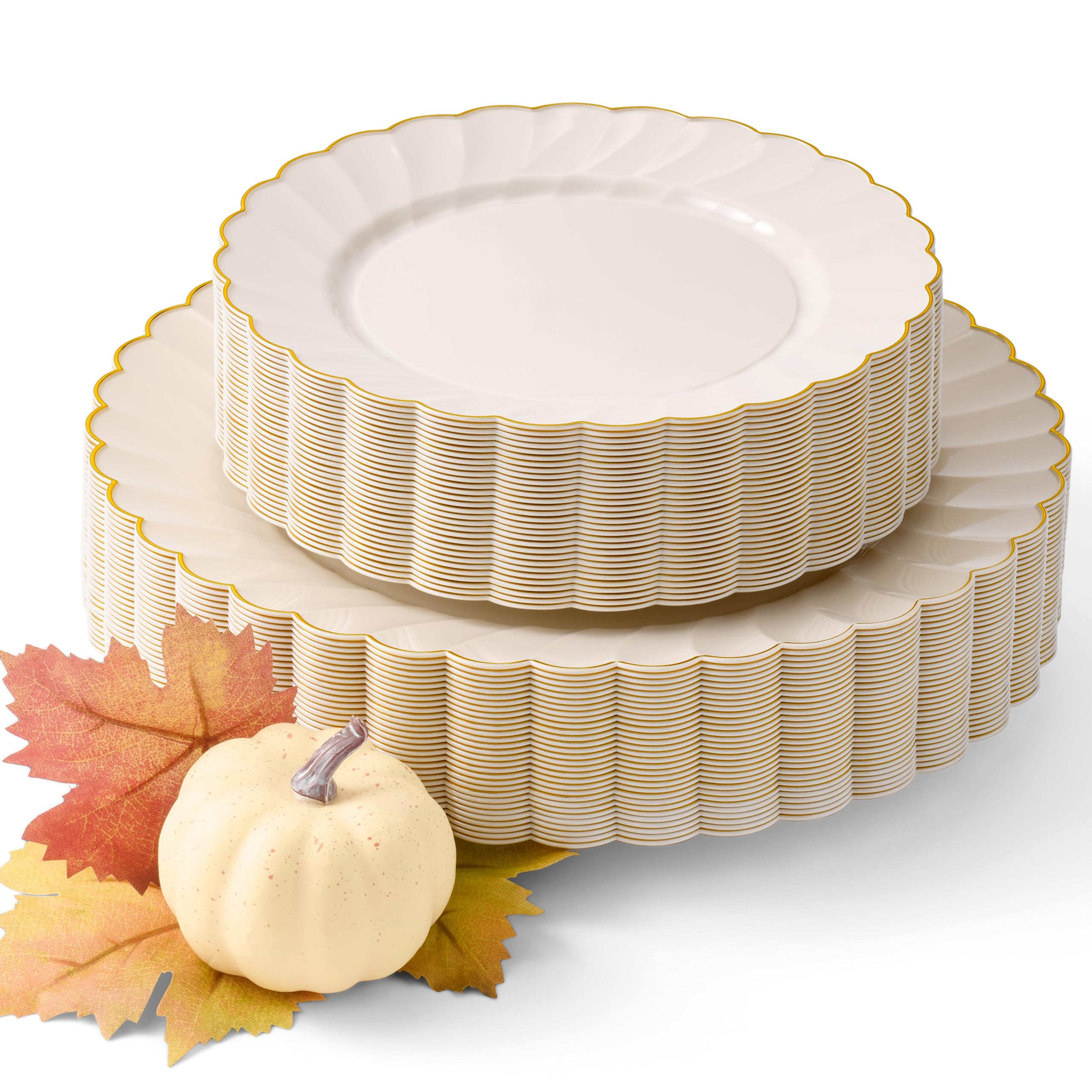 By Madee HEAVYWEIGHT 60 Pc Thanksgiving Plates Disposable – Ivory Scalloped Plates with Gold Tr... | Amazon (US)