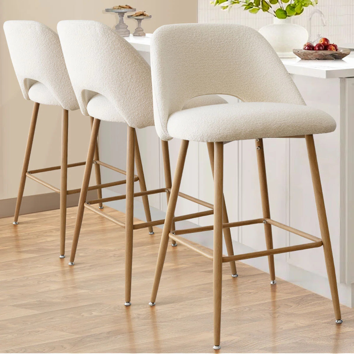 Miomir Boucle and Polyester Counter Stools with Upholstered Back  (Set of 3) | Wayfair North America