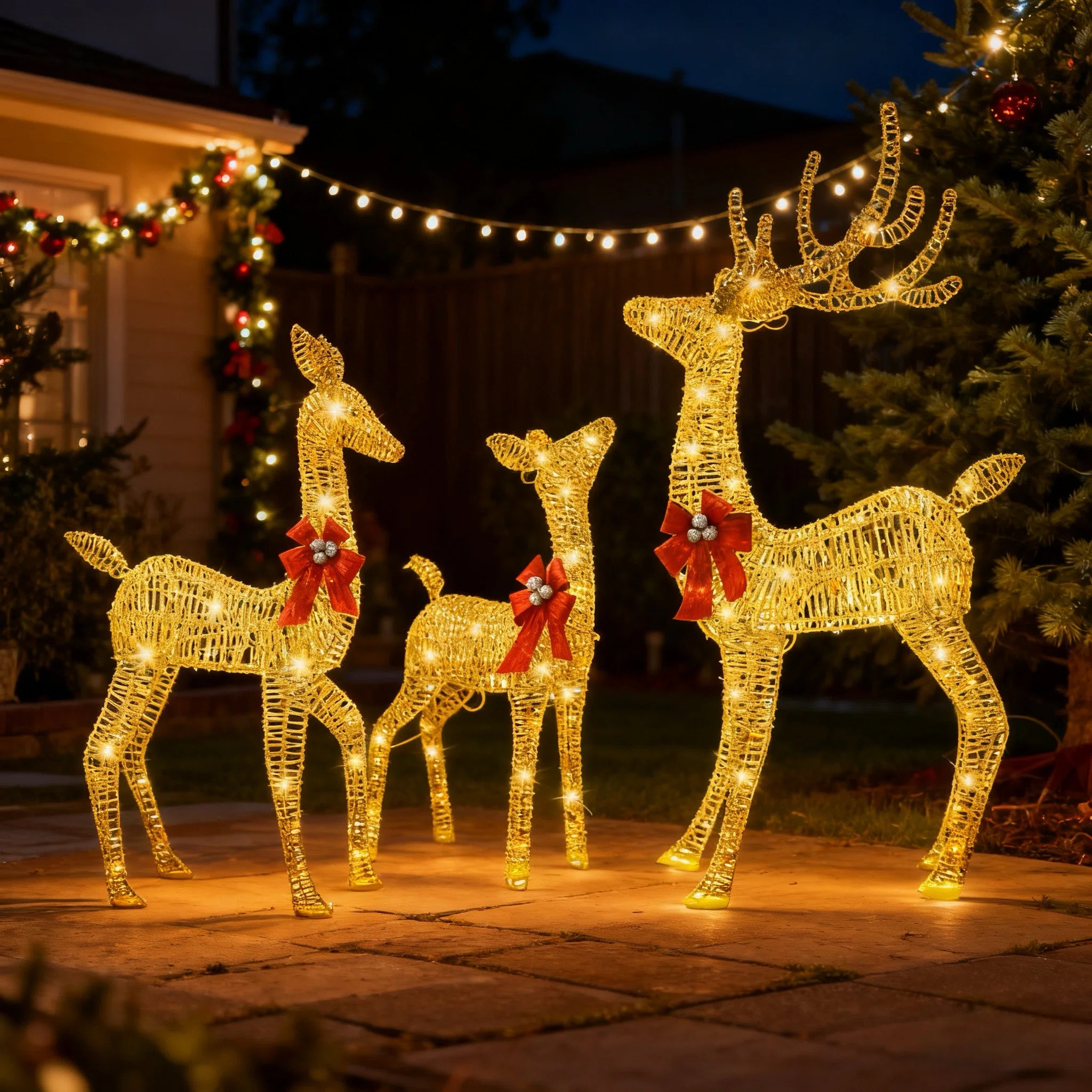 Light Up Deer Family Set Of 3, Outdoor Christmas Decorations, 63"/52"/37" Gold Reindeer With 210 ... | Wayfair North America